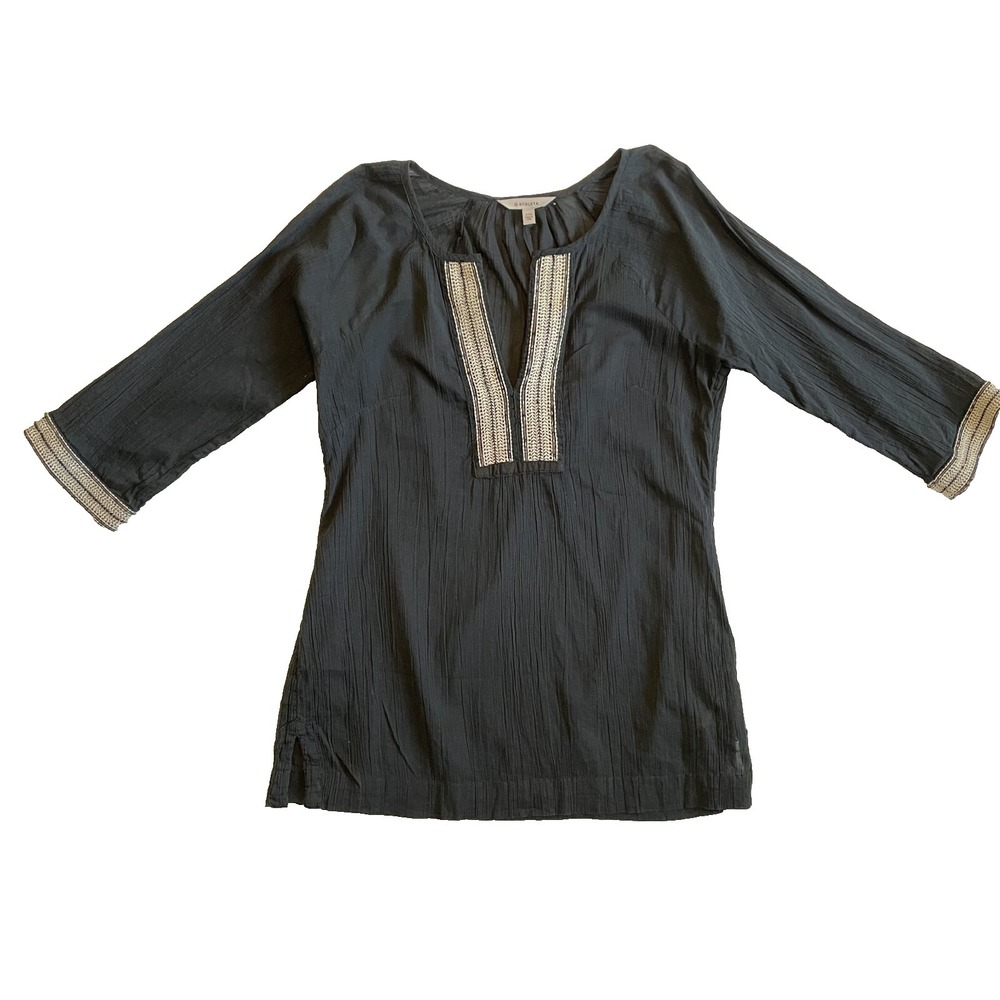 Athleta Women's Embroidered 3/4 Sleeve V Neck Tunic, Black, Size XXS